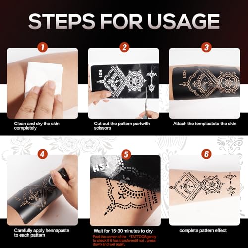 10 Sheets Henna Tattoo Stencil Kit - Temporary Tattoo Stencils for Hands and Forearm, Indian Inspired Designs - Self-Adhesive Tattoo Stickers