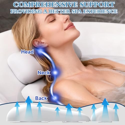 Upgraded Silicone Bath Pillow, 4D Press Inflatable Airbag and Non-Slip Large Suction Cups, Adjustable Head Neck and Back Support, Comfortable Luxury Bath Pillows for Tub, Bath Spa Accessories White
