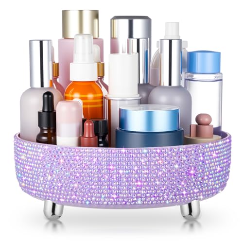 Honeydak Bling Perfume Makeup Organizer Bling Valentine's Day Mother's Day Gifts for Women Rhinestone Bathroom Organizers and Storage 360 Rotating Makeup Organizer for Countertop(Purple,Rhinestone)