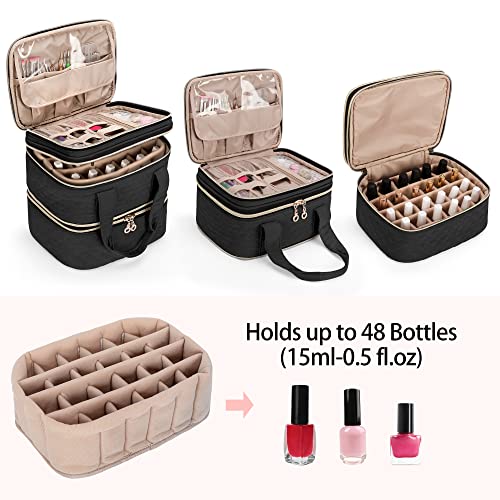 Yarwo 3 Layers Nail Polish Organizer Holds 48 Bottles (15ml/0.5 fl.oz), Detachable Nail Polish Case with Adjustable Dividers, Travel Case for Manicure Set, Black (Bag Only, Patent Pending)