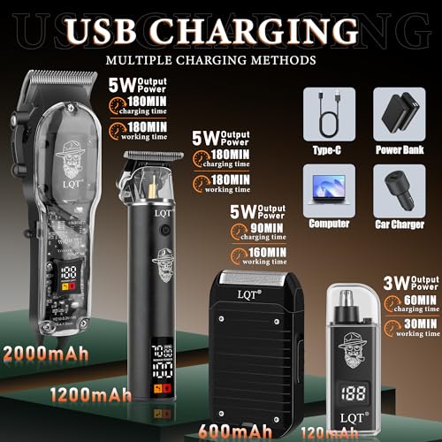 Professional Barber Kit for Men,Cordless Hair Clipper, Beard Trimmer, Foil Shaver,Nose Hair Trimmer Set, Transparent Design, LED Display,Home Grooming Tools,Gifts for Men, Father's Day & Holidays