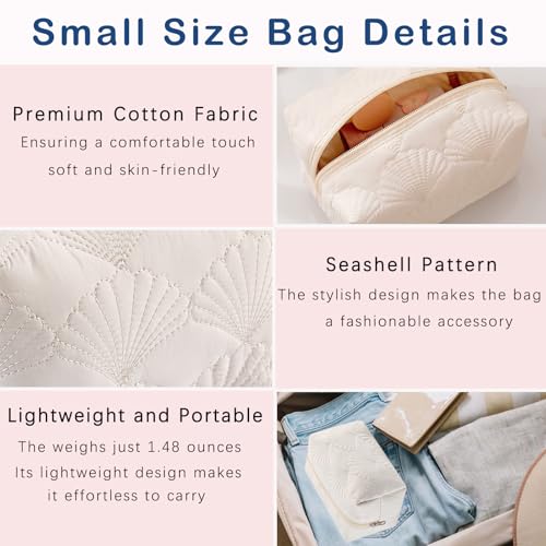 uekeboag 3Pcs White Quilted Cotton Makeup Pouch,Coquette Quilted Toiletry Bag for Women and Girls, Floral Coquette Organizer Bag, Aesthetic Travel Cosmetic Bags(3Pcs White Shell)