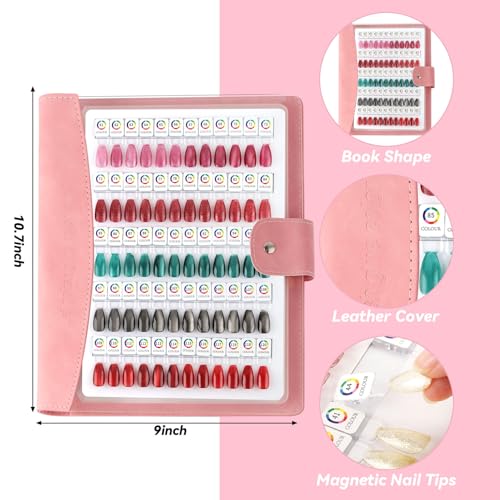 120 Magnetic Nail Color Book,Leather Magnetic Color Display Book with 120PCS Magnetic Tips & 1-200 Number Labels,Perfect for Nail Polish Nails Art Design(Pink)