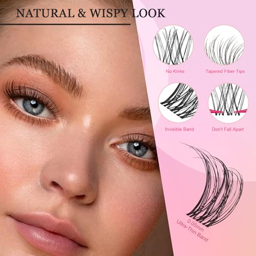 Nova Lash Clusters Kit 360 PCS Lash Clusters Natural Look Invisible Band Lashes Eyelash Clusters with Bond and Seal D Curl WideSpan Cluster Eyelash Extension Kit 8-16mm DIY at Home