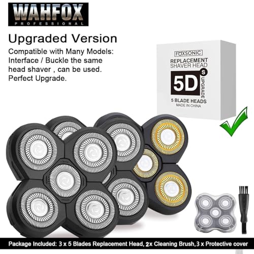 WAHFOX Universal 3 Pcs 5 Blades Shaver Heads for Head shaver and Other Brands Head Shaver, Black+gold