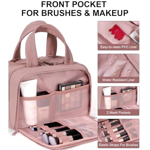 Travel Toiletry Bag, Large Wide-open Puffy Toiletry Bag for Women, Lightweight Quilted Makeup Bag Cosmetic Organizer with Handle Water-resistant Travel Essentials for Toiletries Accessories Dark Pink