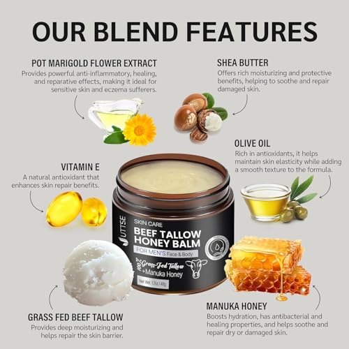 Men's Beef Tallow for Skin Care:100% Grass-Fed Beef Tallow Face Moisturizer For Men - Tallow and Honey Balm With Olive Oil Manuka Honey For Sensitive Dry Skin Repair 1.7 oz