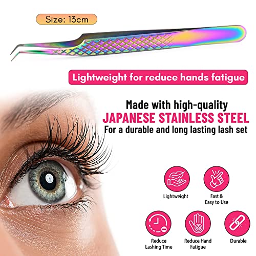 My Lash Tools Fiber Tip Lash Tweezers for Eyelash Extension Curved 45 Degree Angled Tweezer Best for Volume, Individual Isolation & Classic Lashes Stainless Steel Lash Supplies (Rainbow)
