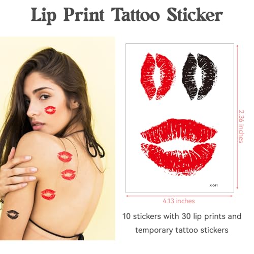 30 Pcs Kiss Lips Temporary Tattoos for Women Men, Red Black Lipstick Fake Tattoo Stickers, Valentine¡¯s Day Halloween Cosplay Party Supplies, Waterproof Long Lasting Body Art Stickers
