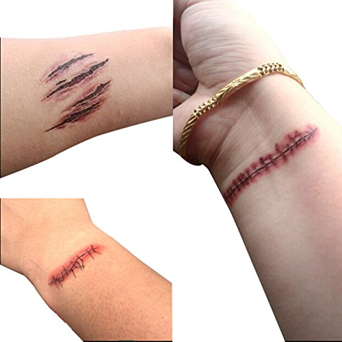 20 Sheets Halloween Body Face Scar Realistic Temporary Tattoos Stickers Horror Realistic Waterproof Fake Bloody Wound Stitch Stickers Makeup for Halloween Party Cosplay
