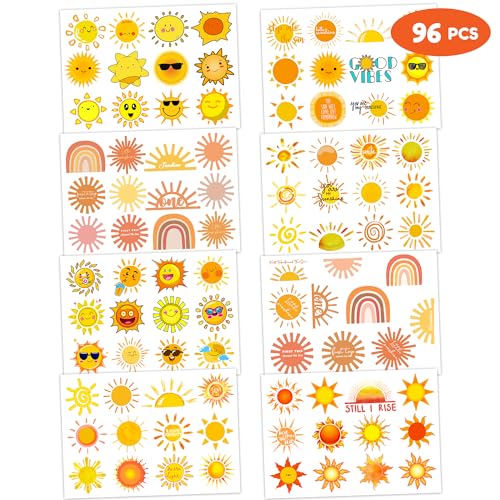 Sun Tattoo Temporary Tattoos Theme Birthday Party Decorations Supplies Favors Cute Stickers 8 Sheets 96 PCS Gifts for Kids Boys Girls Classroom Rewards Prizes Christmas