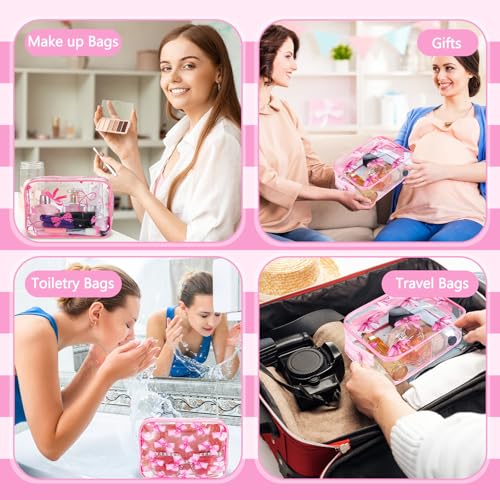 Kacctyen 8 Pcs Coquette Bow Makeup Bags Pink Clear PVC Skincare Cosmetic Bags Waterproof Travel Toiletry Zipper Pouch for Women Girls Coquette Bachelorette Party Favors