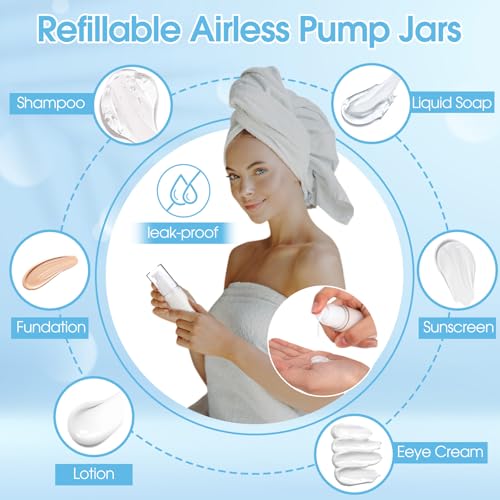 Meanplan 43 Pack Airless Pump Jars Set 1.7/1/0.7/0.5/0.34/0.17oz Clear Skincare Containers with Label Bag Refillable Makeup Skincare Travel Size Empty Bottles for Toiletries, Lotion, Liquid, Cream