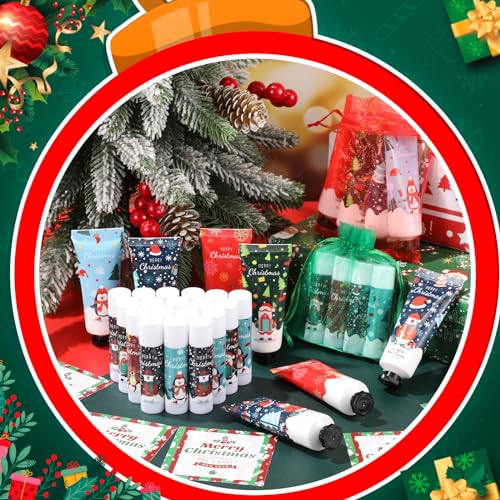 12 Set Christmas Hand Cream Gift Set, Including Moisturizing Hand Lotion, Xmas Lip Balm, Gauze Bags, Thank You Cards Natural Fragrant Bulk Christmas Gifts for Coworkers Employees Stuffers