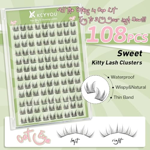 KEYYOU Bunny Lash Clusters Kit Anime Cat Eye Lashes 108pcs Wispy Natural Cat style Lash Extension Kit with Bond and Seal,Applicators,Remover for Manga DIY Eyelash Extension Kit at Home£¨MC02£©