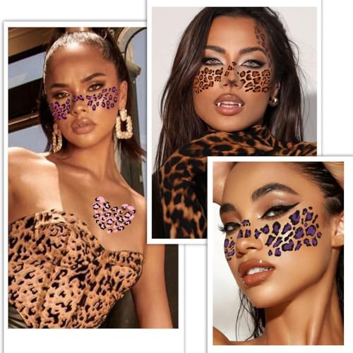Leopard Print Temporary Tattoos Cheetah Print Fake Tattoos Mixed Styles Tiger Tattoos Cute Animal Print Stickers Waterproof Leopard Face Halloween Tattoo for Boys Girls Body Art Makeup 8 Sheets