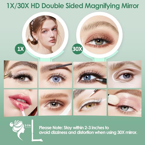 MIYADIVA Magnifying Mirror with Light, Double Sided 30X/1X Lighted Travel Makeup Mirror with Magnification, 3 Color Lighting, Dimmable Touch Screen, Adjustable & Foldable Hand Mirror (Green)