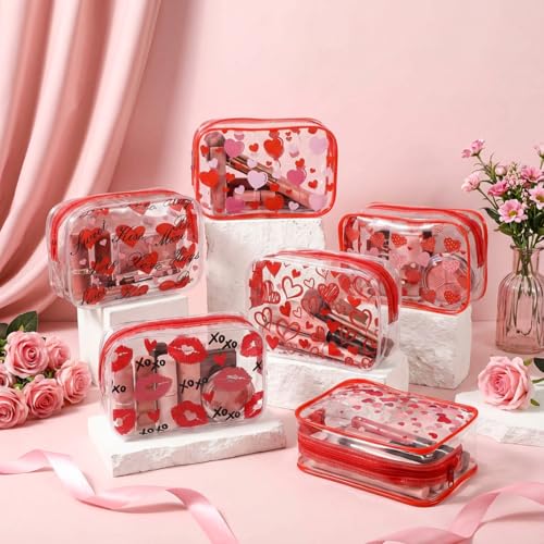 12 Pcs Valentine's Day Makeup Bags Heart Cosmetics Bag PVC Clear Portable Goodie Bags Organizer 7 x 4.3 x 2.4 '' Travel Zippered Toiletry Carry Pouch for Valentine¡®S Day Women Gift