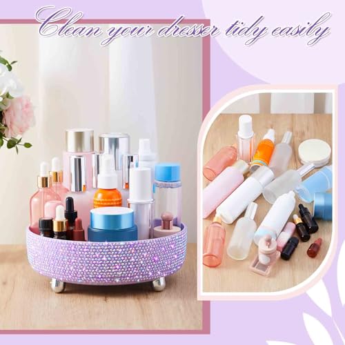 Honeydak Bling Perfume Makeup Organizer Bling Valentine's Day Mother's Day Gifts for Women Rhinestone Bathroom Organizers and Storage 360 Rotating Makeup Organizer for Countertop(Purple,Rhinestone)