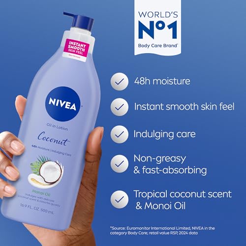 NIVEA Oil Infused Lotion Coconut and Monoi Oil Body Lotion for Women,Fast-Absorbing and Non-Greasy Coconut Scented-Lotion Moisturizes for 48 Hours,16.9 Fl Oz Pump Bottle,(Pack of 2)