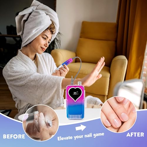 Professional Electric Nail Drill Machine for Acrylic Nails, 35000 RPM Electric Nail File Tool Set, Portable E-File Rechargeable Manicure Pedicure Polish Kit for Home Salon Tech (Heart Sunset Blue)