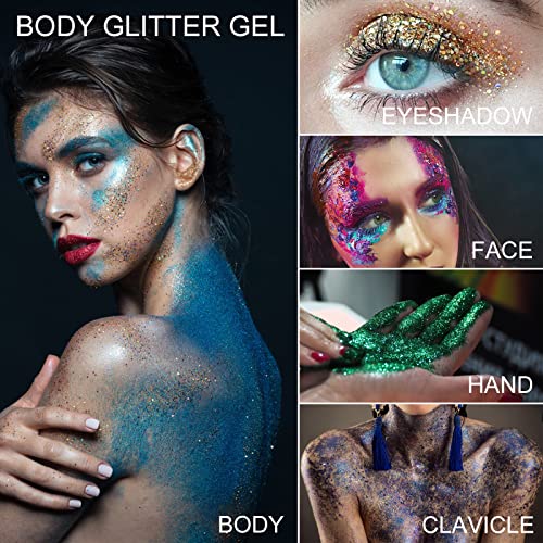 Green Gold Face Body Hair Glitter Gel for St. Patrick's Day Mardi Gras Festival Rave Accessories, Long Lasting Holographic Chunky Mermaid Sequins Glitter Gel Makeup for Women Men, 1oz
