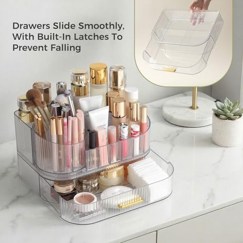 Delamu Makeup Organizer for Vanity with Stackable Drawers, 360 Rotating Makeup Brush Holder Large Cosmetic Display Case, Bathroom Skincare Storage, Crystal Clear, Ideal Christmas Gifts for Girls