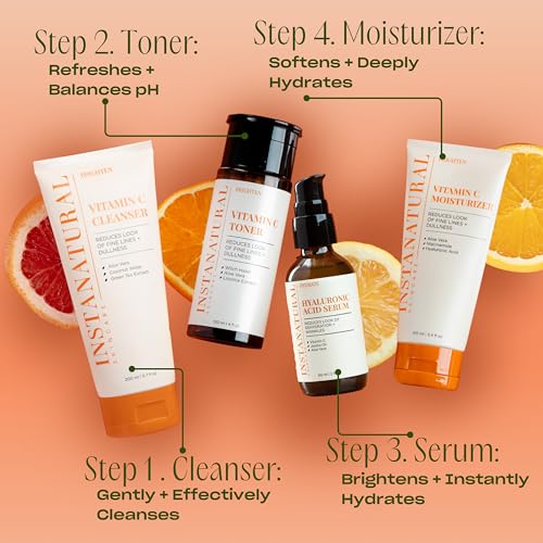 InstaNatural Hyaluronic Acid Serum for Face, Brightens, Hydrates, Reduces the Look of Fine Lines and Wrinkles, with Vitamin C, Jojoba Oil, and Aloe Vera, 2 Fl Oz