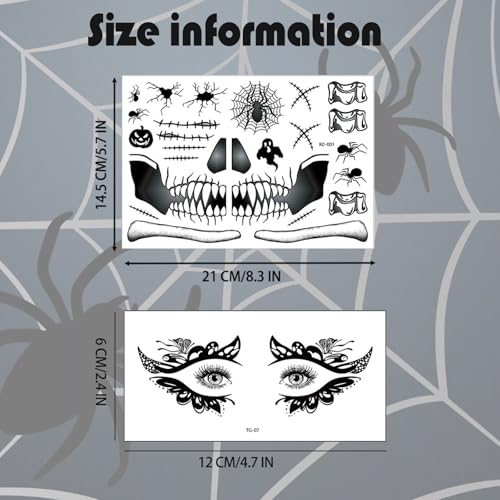 Halloween Face Eye Tattoo Stickers Black Butterfly Eye Shadow Devil Face Skeleton Mouth Spider Web Temporary Tattoo Stickers for Makeup Halloween Masquerade Carnival Party Face Decoration 14 Sheets
