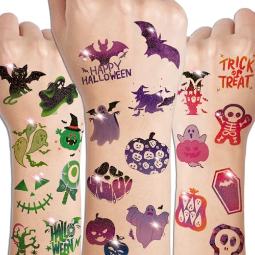 Glitter Halloween Tattoos for Kids - 74 Individually Sheets Glitter Pumpkin Bat Skeletons Spiderweb Tattoos for Kids Halloween Party Supplies Treats Goodie Bag Fillers