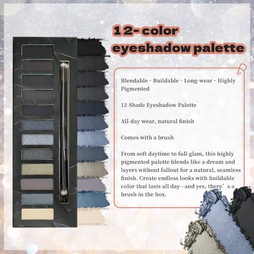 12 Colors Cool Tone Smoky Eyeshadow Palette with Mirror & Brush, Matte & Shimmer Beige Grey Black Dark Eye Makeup Palette for Women Longwear, Highly Pigmented Blendable Shades for Dramatic Smoky Looks