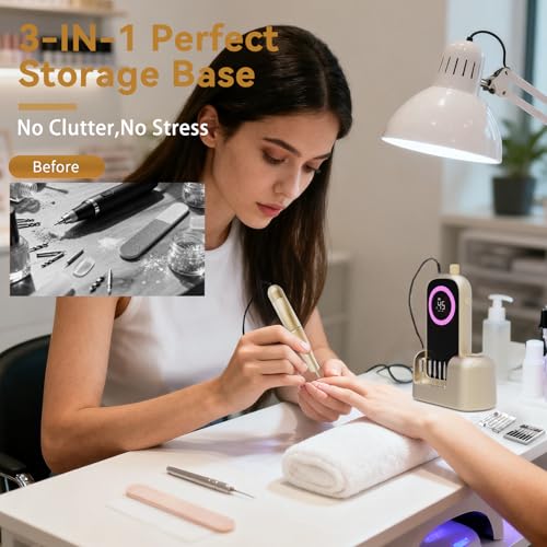 Electric Nail Drill 45000RPM, 2025 Pro High Tech Fast Remove Cordless Nails Drill with Rechargeable Stand for Acrylic Nails, 12Pcs Drill Bits and Holder, LCD Professional Nail Machine for Salon Home