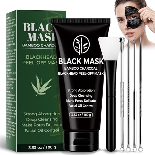 Blackhead Remover Mask, Charcoal Peel Off Face Mask Kit, Deep Cleaning Whiteheads Pore Mask, Oil Control, Men & Women Black Head Remover for Face Care ? 100g Includes Brush, Pimple Extractors