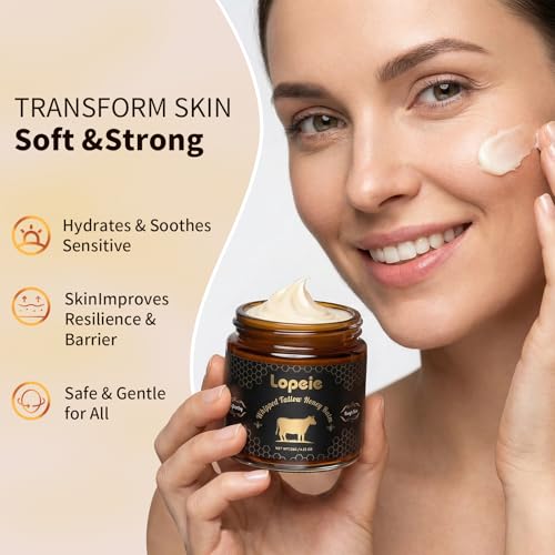 Upgraded Organic Beef Tallow for Skin & Face ? Whipped Grass-Fed Tallow and Honey Balm for Dry, Sensitive Skin, Natural Hydrating Face Moisturizer with Raw Honey (Unscented)