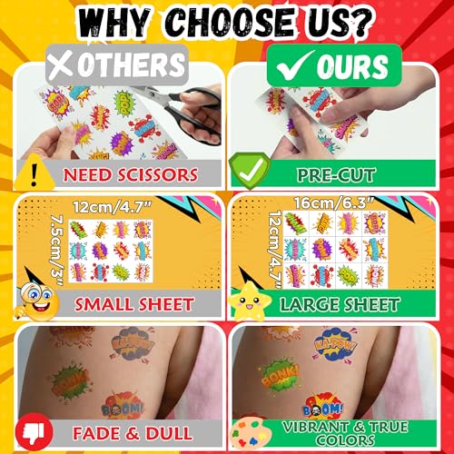 96PCS Hero Temporary Tattoos Sticker For Kids - Hero Themed Birthday Party Favors Birthday Party Decorations Accessories Pow Wow Bang Boom Omg Gift Idea For Kids Teen Adult Classroom Prizes Rewards