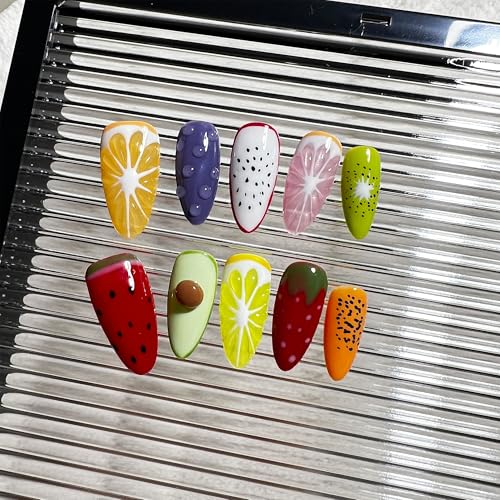 Wsliana Handmade Press On Nails - Medium Almond False Nail Tips, 3D Fruit Design, 10pcs Reusable Glue On Acrylic Fake Nails, Long-Lasting, Easy Fit | Fashionable Nail Kit | Natural Look (076, M)