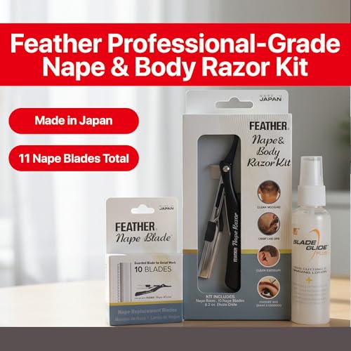 Feather - Nape and Body Razor Kit ? Professional Use Hair Cutting Tool - Includes Nape Razor, 10 Nape Blades & 2 oz Blade Glide ? Ideal for Nape, Sideburns, Eyebrows, and Bikini Line ? Made in Japan