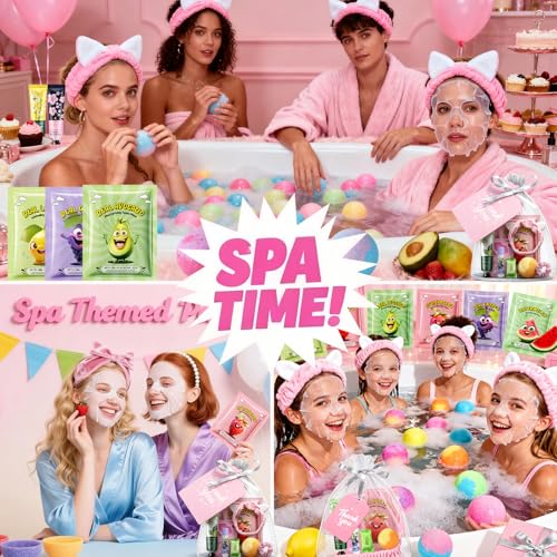55Pcs Spa Party Supplies for Girls, Birthday Sleepover Party Favors Supplies for Women & Teens, Hand Cream, Lip Balm, Under Eye Patches, Lip Mask Skin Care Spa Kit, Foot Bath Bombs, Mothers Day Gifts