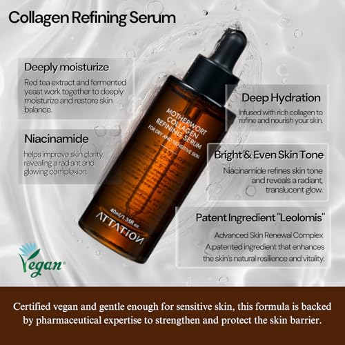 Motherwort Collagen Refining Serum Daily Routine For Glow and Glass Skin, Vegan Korean Skin Care for Dry and Sensitive skin 40ml / 1.35 fl. oz.