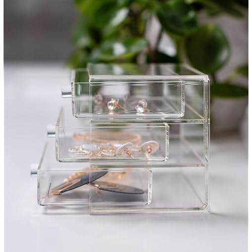 Huang Acrylic Clear Acrylic 3-Drawer Organizer, Large Makeup Jewelry Accessories Cosmetic Countertop Storage Display 5.15 x 4.7 x 4.5 inches
