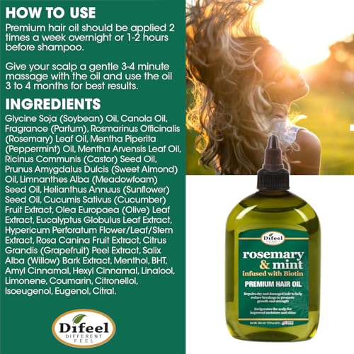 Difeel Rosemary and Mint Premium Hair Oil with Biotin 2.5 oz. (Pack of 3) - Natural Rosemary Oil for Hair Growth & Biotin