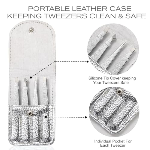 4-Pcs Glitter Stainless Steel Precision Tweezer Set for Eyebrows, Ingrown Hair & Lash Extensions (Bright Silver)