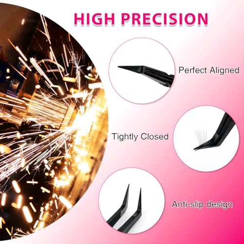 TDANCE Lash Tweezers for Eyelash Extensions, Diamond Grip 90 Degree Fiber Tip Lash Tweezers for Volume Lashes Make Fans, Stainless Steel Lash Extension Tweezers(Black-05)
