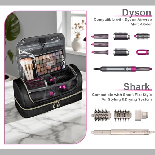 Travel Carrying Case Compatible with Dyson Airwrap Flexstyle/Shark Flex Fushion and Attachments, Portable Storage Bag for Hair Styling Tools with Metal Hanging Hook, Black (Bag Only)