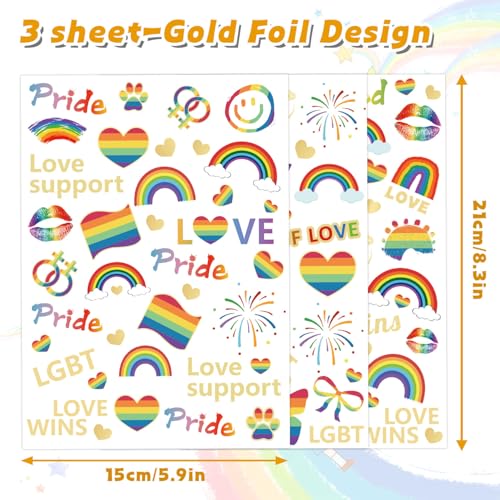 100Pcs Gay Pride tattoos,Gold Foil LGBT Rainbow Temporary Tattoos,Waterproof Rainbow Flag Tattoo Stickers for Pride Equality Parades Celebrations