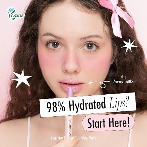 SELF BEAUTY Veganize Collagen Lip Glass Balm - Hydrating Lip w/Hyaluronic Acid - Vegan Korean Lip Balm Moisturizing Lip Care ? Lip Gloss Repair for Dry Cracked Lips 0.06 oz (#11 Aurora Glitz)