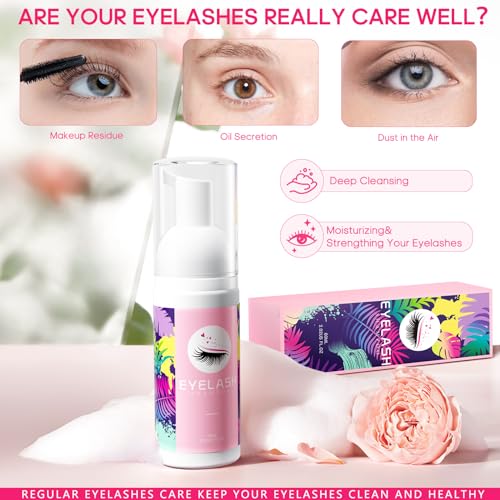 Buqikma Lash Cleaning Kit - Lash Shampoo Kit Eyelash Extension Cleanser for Extensions 60ML with Rechargeable Handheld Lash Fan Dryer Mascara Brush Rinse Bottle Makeup Cleansing Foam for Lash Care