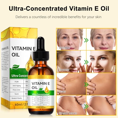Vitamin E Oil, Pure Vitamin E Oil for Skin, Scars, Nails and Scalp, Face and Body Moisturizer, Hydrating Dry Skin, Reduce Stretch Marks, Fine Lines & Wrinkles, 2Fl Oz (Pack of 2)