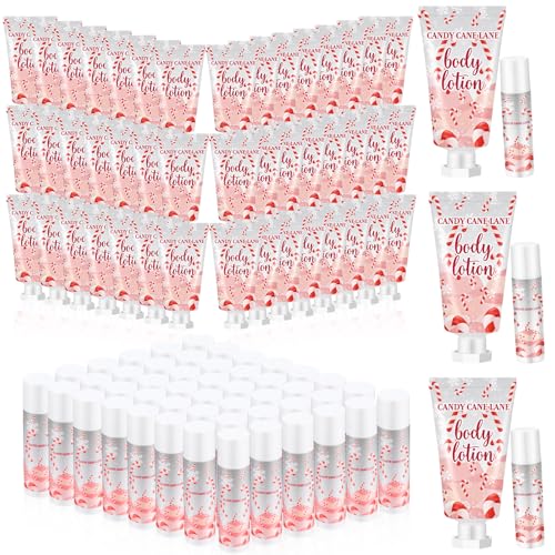 48 Set Christmas Candy Peppermint Cane Lip Balm and Body Lotion Bulk Christmas Hand Cream for Women Peppermint Lip Balm for Women Men Travel Size Body Lotion Gift