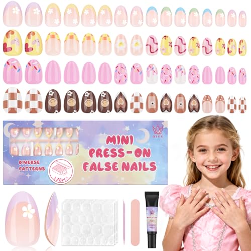 16 Sizes 128 Pieces Press on Nails for Kids, 4 pack Kids Nail Kit Colorful Flower Almond Fake Nail Tips for Girls 8-12 Years Old with Jelly Nail Adhesives & Nail Glue Birthday Easter Gifts